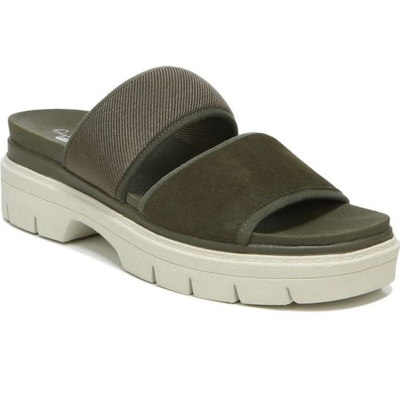 Dr School Suede Blend Olive Terrain Lug- Sole Cushion Platform Slide Sandals NEW - Picture 13 of 16